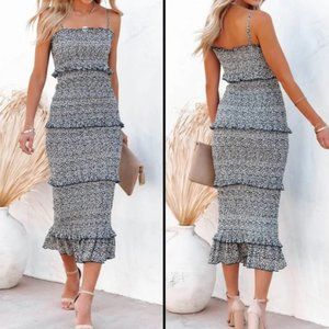 Floral Smocked Midi Dress Navy - M